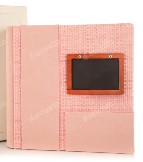 Preview: Pink photo album with wooden frame for title is waiting to be filled with memories