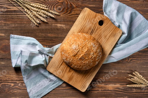 Preview: Overhead view of homemade wheat bread on wooden cutting board