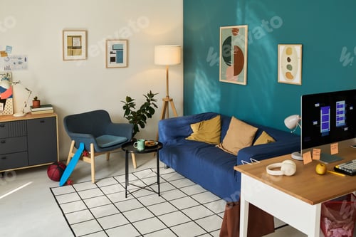 Preview: Modern Living Room Interior Featuring Blue Sofa and Contemporary Decor