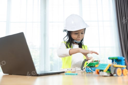 Preview: Education STEM children student in classroom. Robot assembly training, brain development