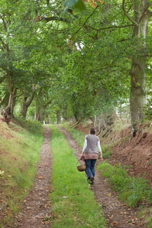 Preview: A woman walking along a country lane, a forager carrying a basket.