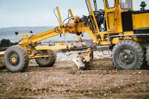 Preview: highway construction site development with motor grader moving earth, soil