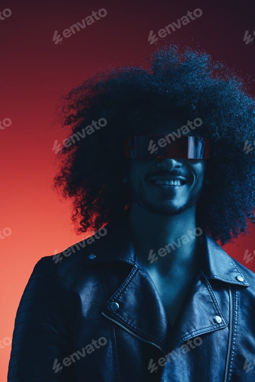 Preview: Portrait of fashion man with curly hair on red background with stylish glasses, multicultural