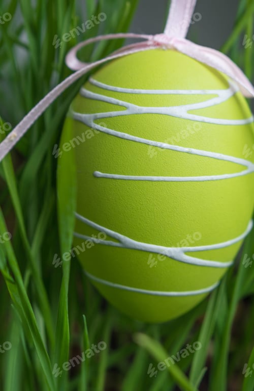 Preview: Easter background with green egg in grass. Close up.