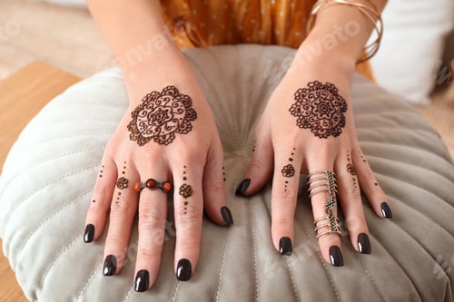 Preview: Woman with henna tattoos on hands, closeup. Traditional mehndi ornament