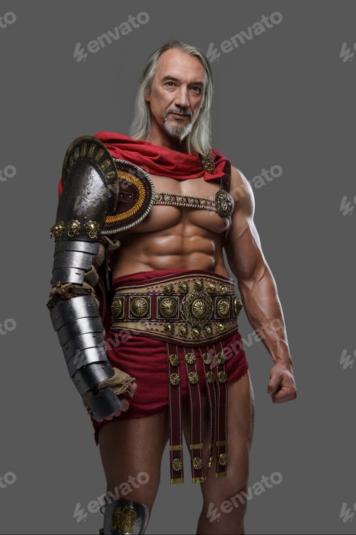 Preview: Aged but still mighty muscular gladiator with long grey hair and beard