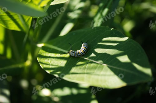 Preview: Closeup of a monarch caterpillar crawling on a milkweed plant