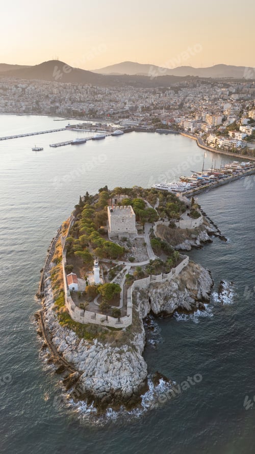 Preview: Aerial view of Guvercinada Island (Pigeon Island) with scenic castle at Kusadasi, Turkey.