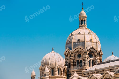 Preview: Domes of Cathedral de la Major in Marseille, France. Sunny summe