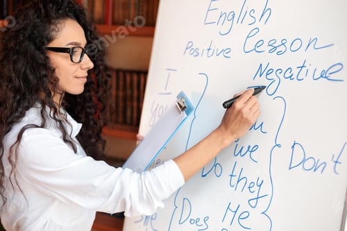 Preview: English teacher writing at whiteboard, explaining rules to the students