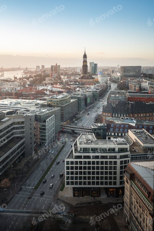 Preview: Aerial view of Hamburg with St. Michaels Church - Hamburg, Germany
