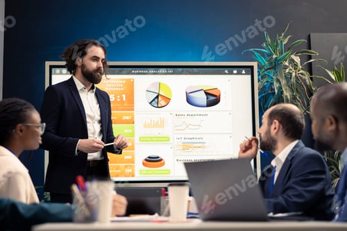 Preview: Financial expert briefing his staff members about new corporate objectives