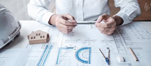 Preview: engineering working on object tools and construction planning new architectural project on blueprint