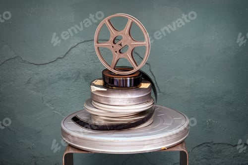 Preview: Old stacked vintage movie films and reel