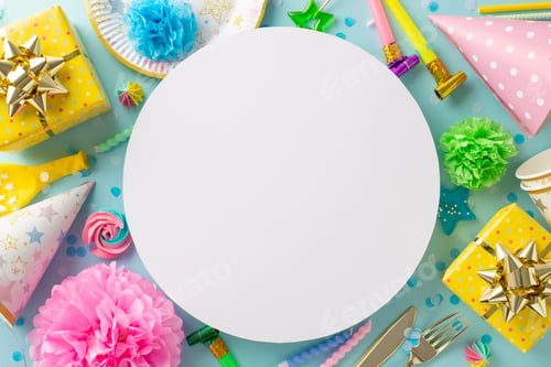 Preview: Cheerful party arrangement theme. Top view of festive table setup with colorful decor