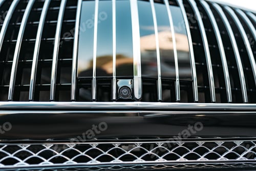 Preview: Сhromed front radiator grill of a luxury car close up