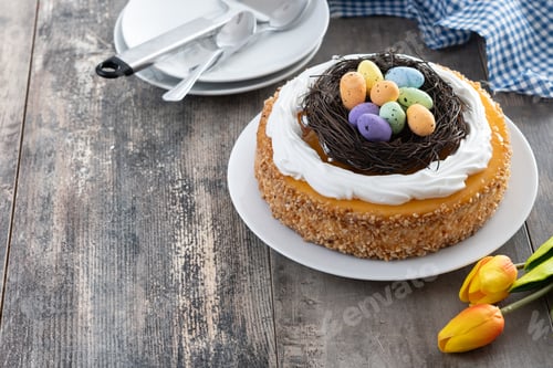 Preview: Homemade Easter egg cake on wooden table