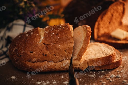 Preview: Baking and food preparation, artisanal bread on wooden table with olive oil in bottle
