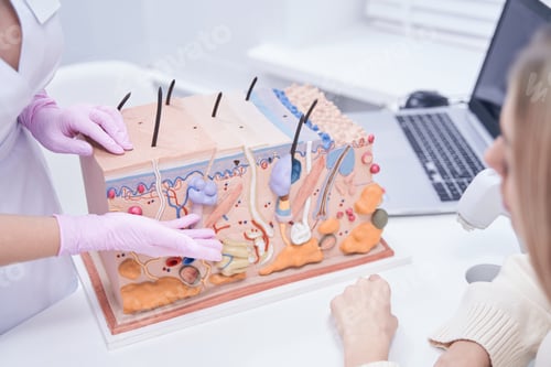 Preview: Qualified beauty clinic doctor explaining structure of dermis to woman