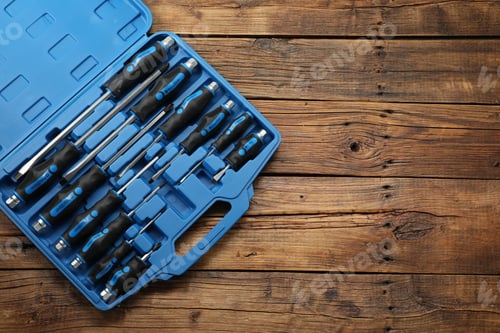 Preview: Set of screwdrivers in open toolbox on wooden table, top view. Space for text