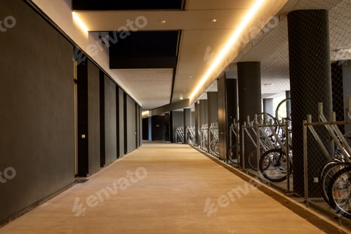 Preview: Entrance gallery and bike parking in a modern building