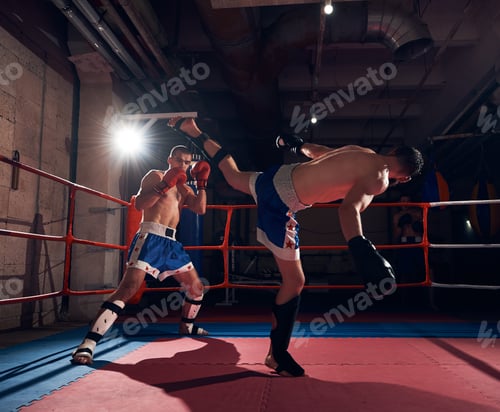 Preview: Boxers training kickboxing in the ring at the health club