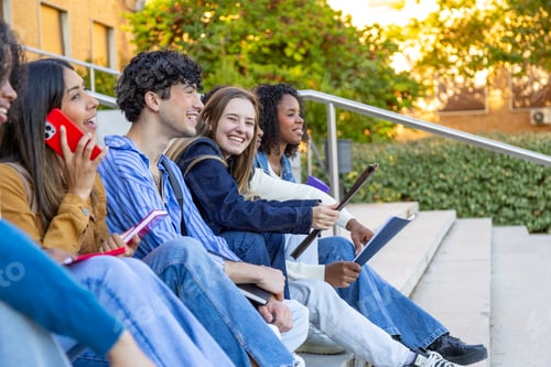 Preview: Diverse students learning together sitting on campus steps