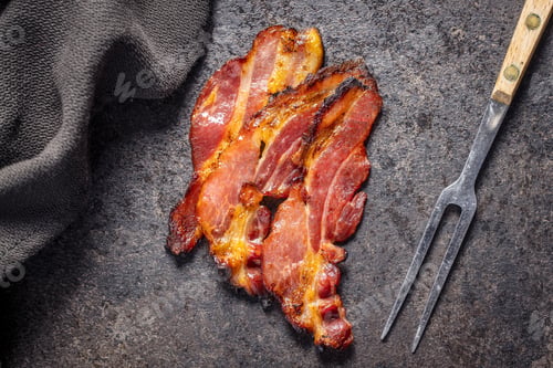 Preview: Fried bacon. Sliced roasted bacon.
