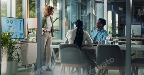 Preview: Presentation, teamwork and business woman in meeting for planning, speaker or data analysis. Compan