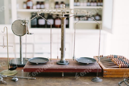 Preview: Old pharmacy scale weight and abacus. old pharmacy interior with a lot of medicine and old equipment