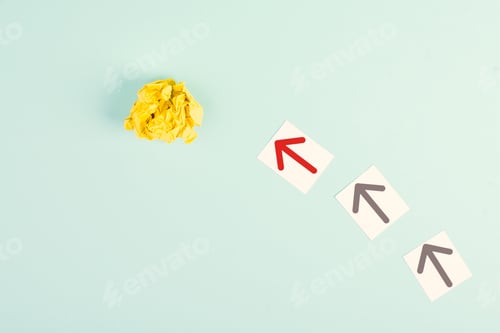 Preview: Many black arrows, one red is standing out, do different, be a winner, individuality