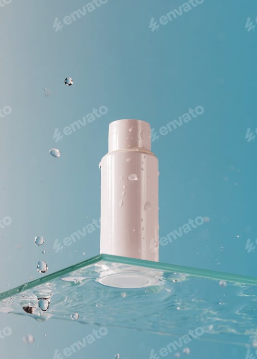 Preview: White tube of cosmetic product on a glass shelf and falling drops on a blue background. Skin care