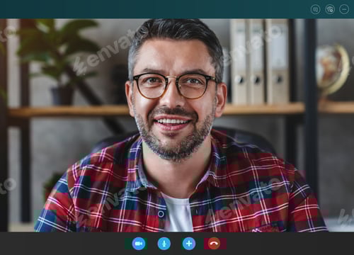 Preview: Cheerful business man looking camera webcam making conference video call