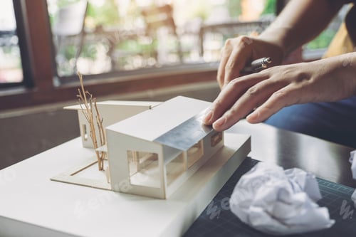 Preview: an architect measure scale of a mass model on table in office