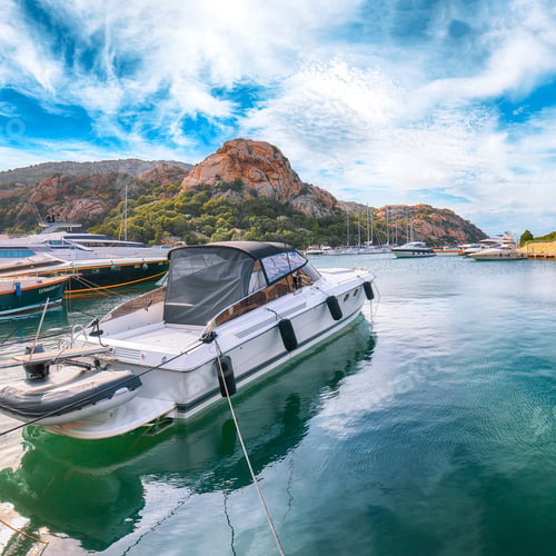 Preview: Gorgeous view of Poltu Quatu port and bay with luxury yachts on Costa Smeralda.
