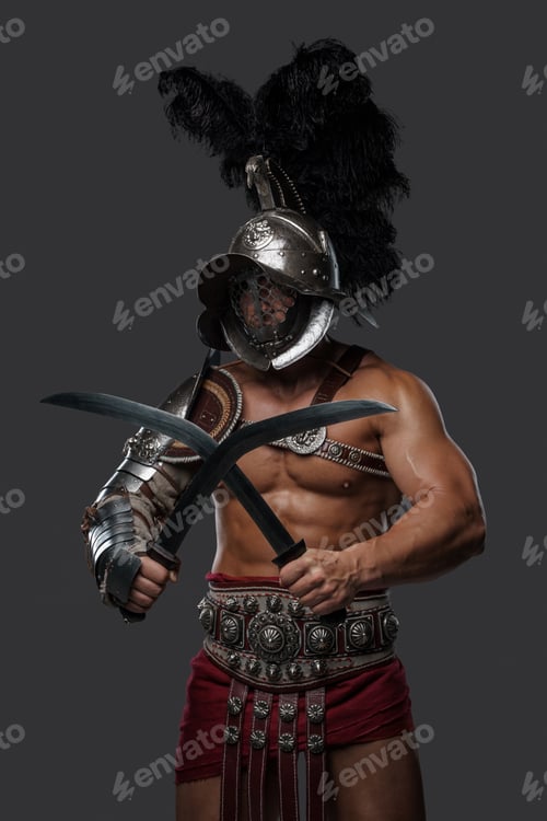 Preview: Roman arena fighter with crossed swords and plumed helmet
