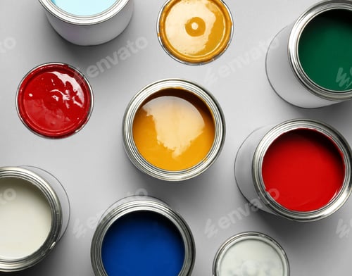 Preview: Open paint cans on grey background, top view