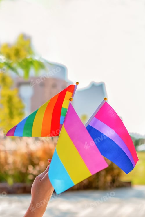 Preview: Gender queer. People wave LGBTQ gay pride rainbow flags at a pride event. Selective focus.