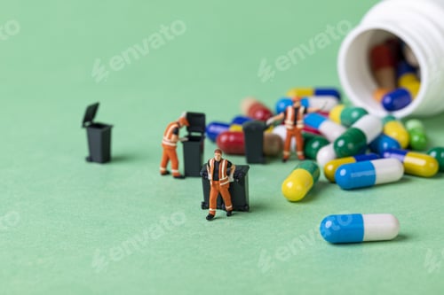 Preview: Selective focus shot of waste collector toys and capsules - medicine preservation concept