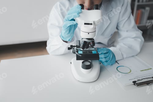 Preview: chemist is doing an experiment in the laboratory, A scientist is using a microscope to analyze the c