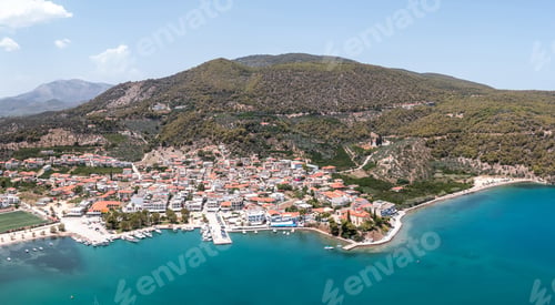Preview: Aerial, drone view of Ancient Epidaurus town beach and port at Peloponnese, Greece.