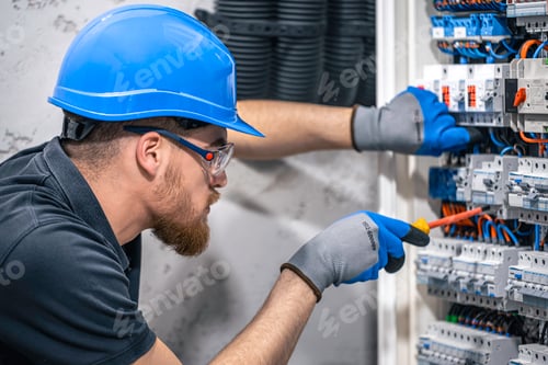 Preview: A male electrician works in a switchboard with an electrical connecting cable.