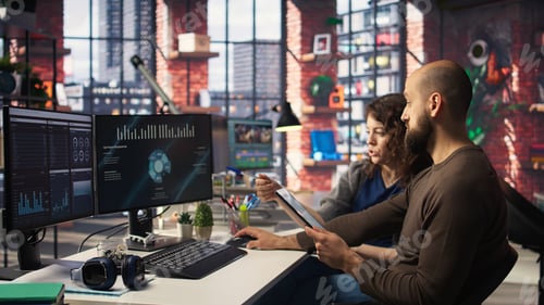 Preview: Startup workers team watching business conference on PC monitor