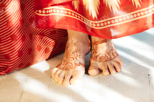 Preview: Indian Picture On Woman Feet, Mehendi Tradition Decoration, Resistant Design By Special Paint