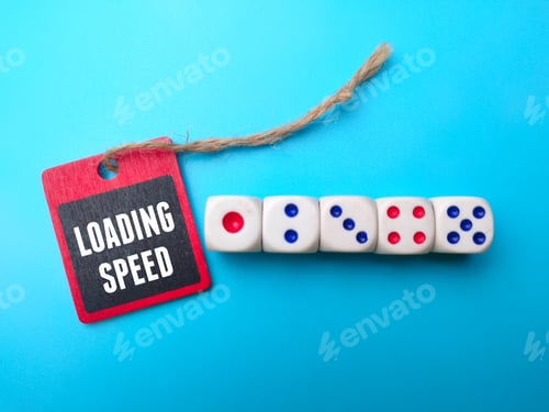 Preview: Dice and wooden board with the word LOADING SPEED.