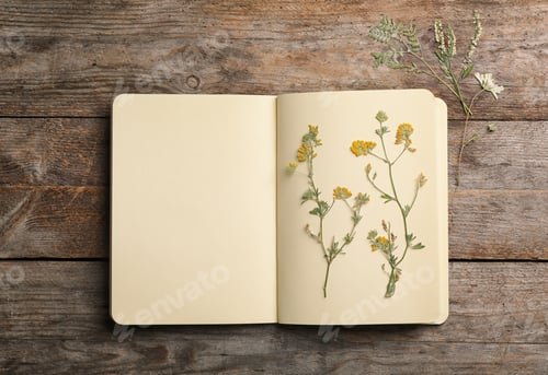 Preview: Wild dried meadow flowers in notebook on wooden background, top view