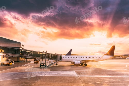 Preview: Aircraft Plane Airlines Stand At Airport Terminal In Early Morning. Sunset Sunrise Sun Sunshine