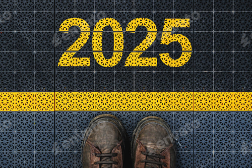 New Year 2025, man standing on outdoor sport court plastic flooring