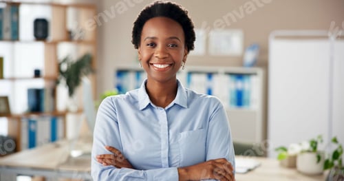 Preview: Happy, black woman and portrait in office with arms crossed, about us at news agency. Journalist, p
