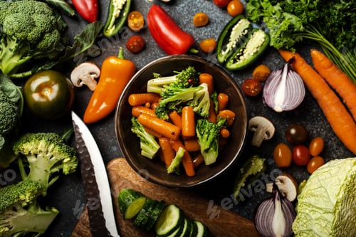 Preview: Steamed carrot broccoli salad in bowl and assorted cut fresh vegetables on rustic concrete table